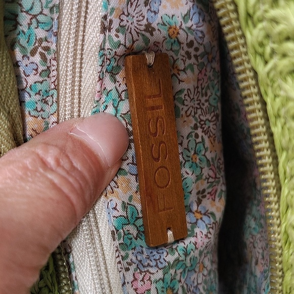 Fossil Straw Mini Satchel Bag Purse Green Double Handle Wood Zip Top - Picture 11 of 14